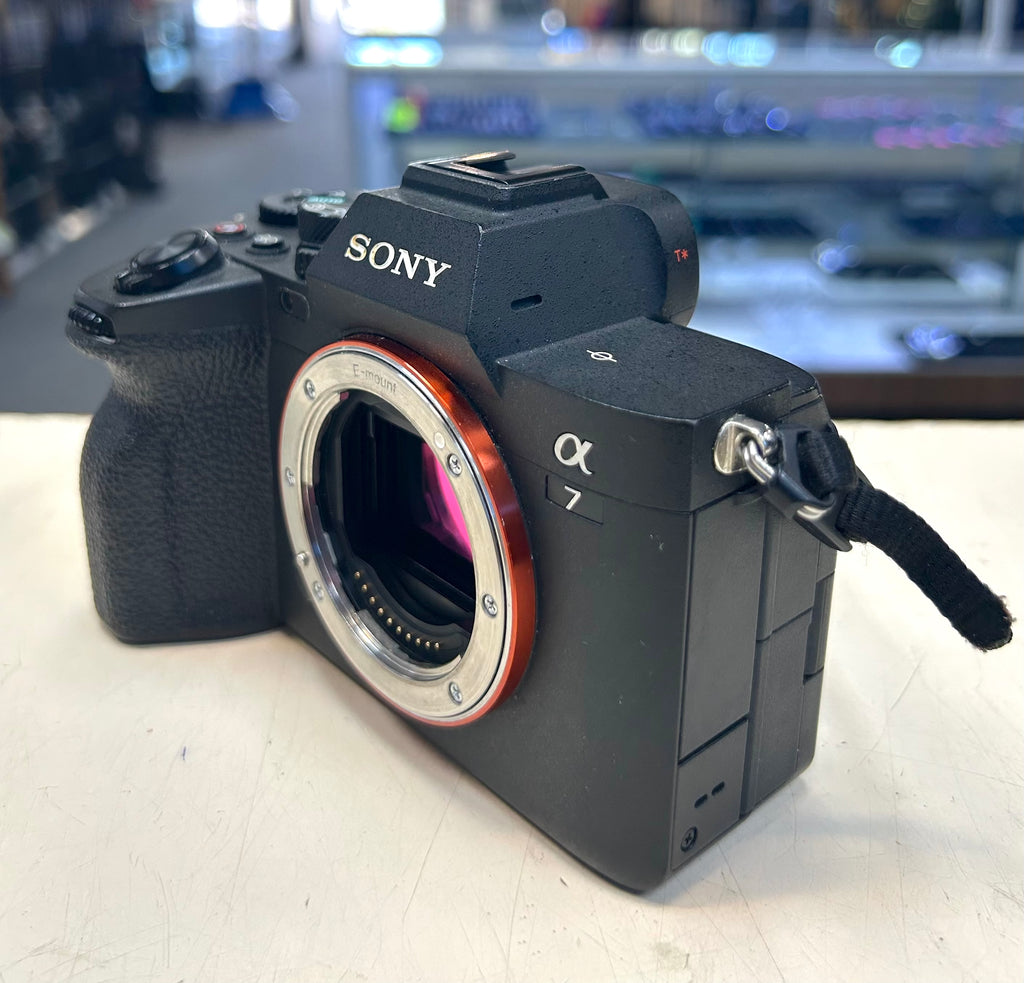 Sony A7 camera on a table with a blurred background