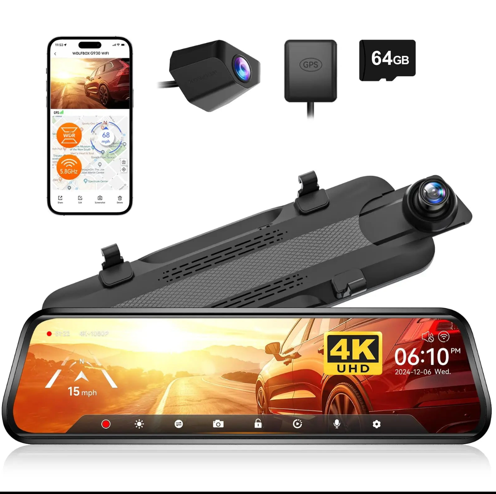 WOLFBOX G930 4K Mirror Dash Cam 10” Touch Screen GPS WiFi Rear Camera NEW