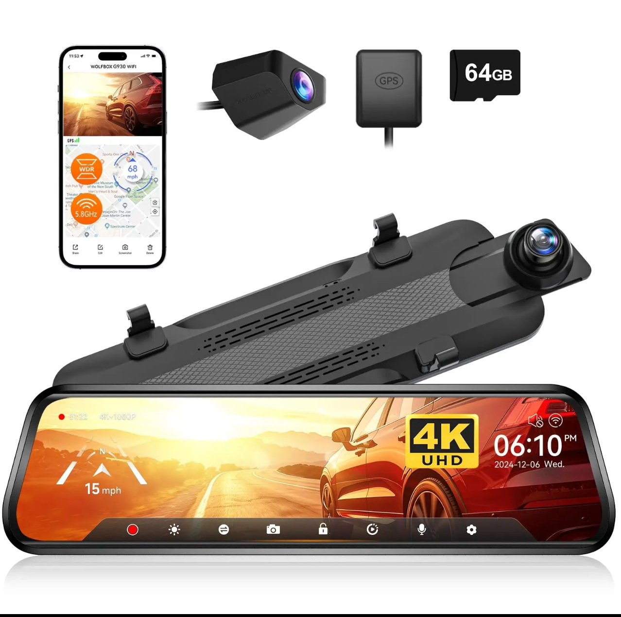 WOLFBOX G930 4K Mirror Dash Cam 10” Touch Screen GPS WiFi Rear Camera NEW