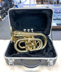 Gold pocket trumpet in a black case on a table with a blurred background