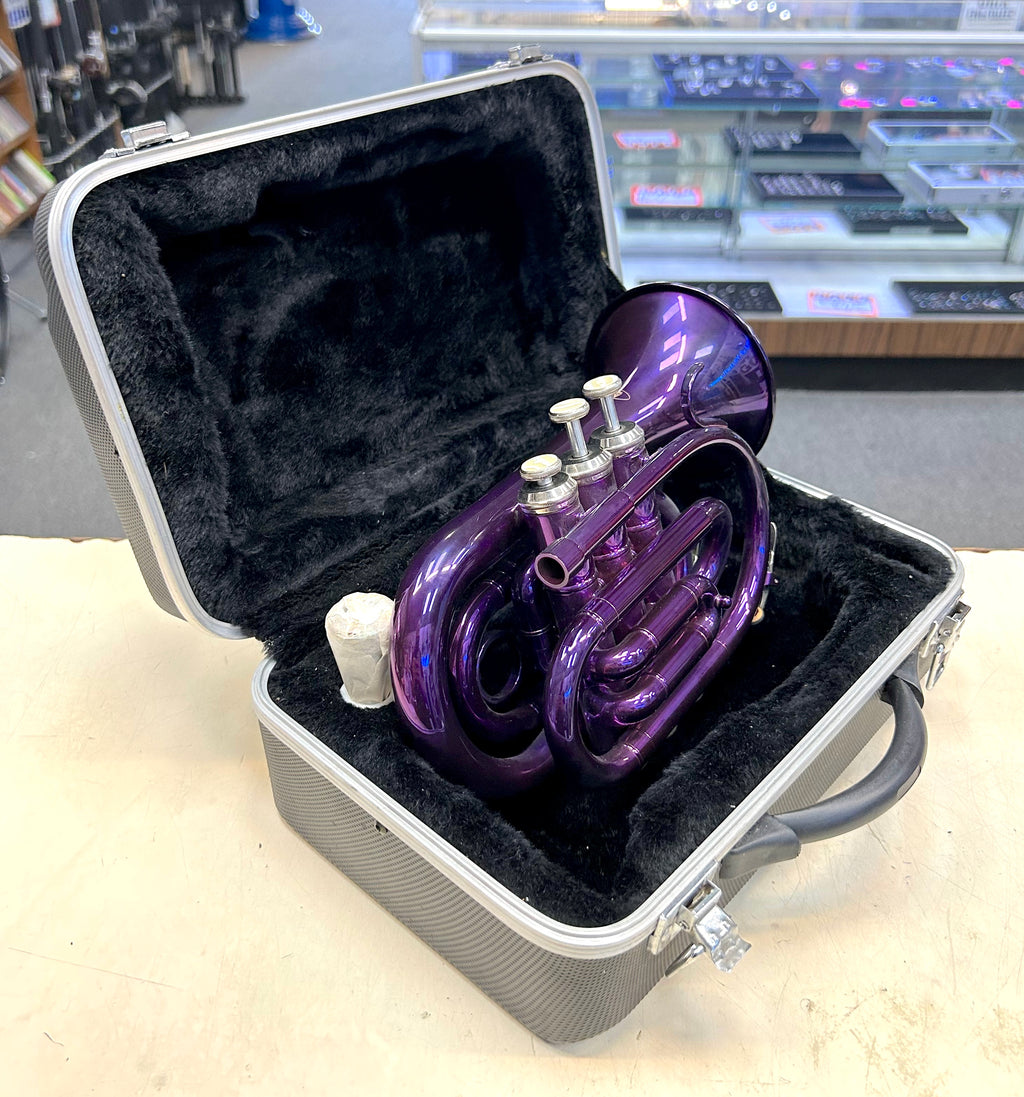 Purple travel pocket trumpet in a gray case on a counter