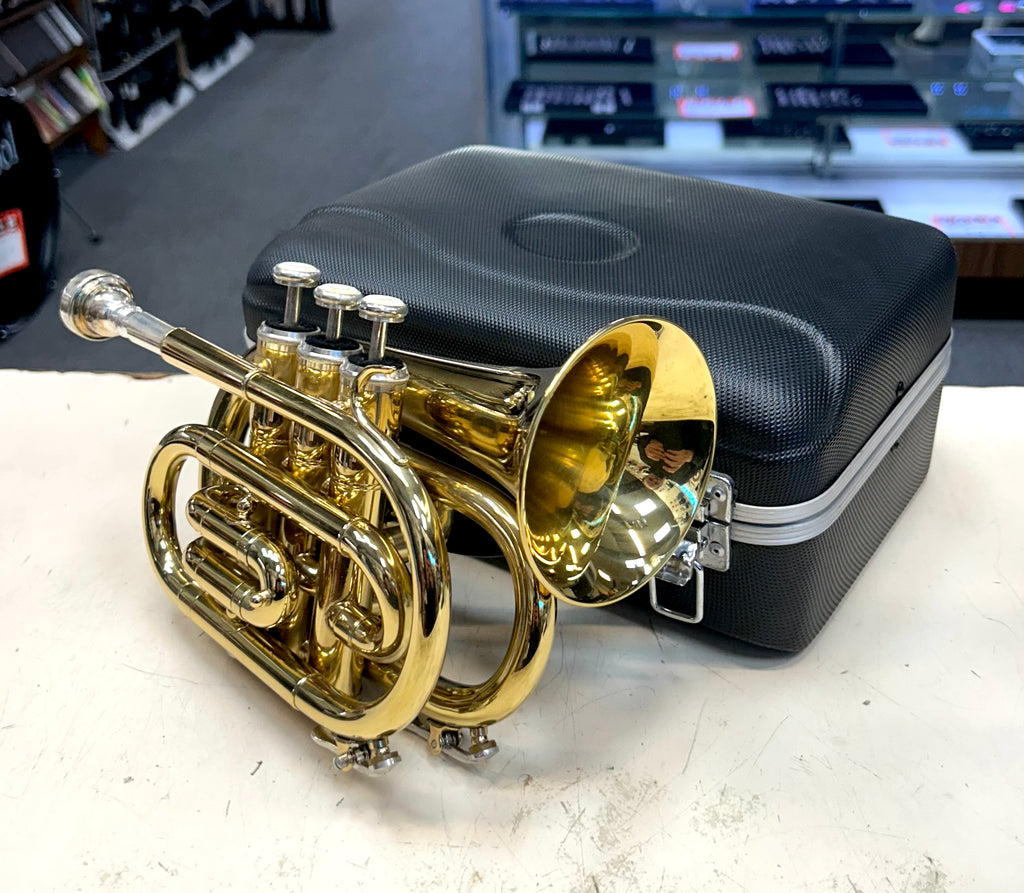 Gold pocket trumpet with black case on a light surface