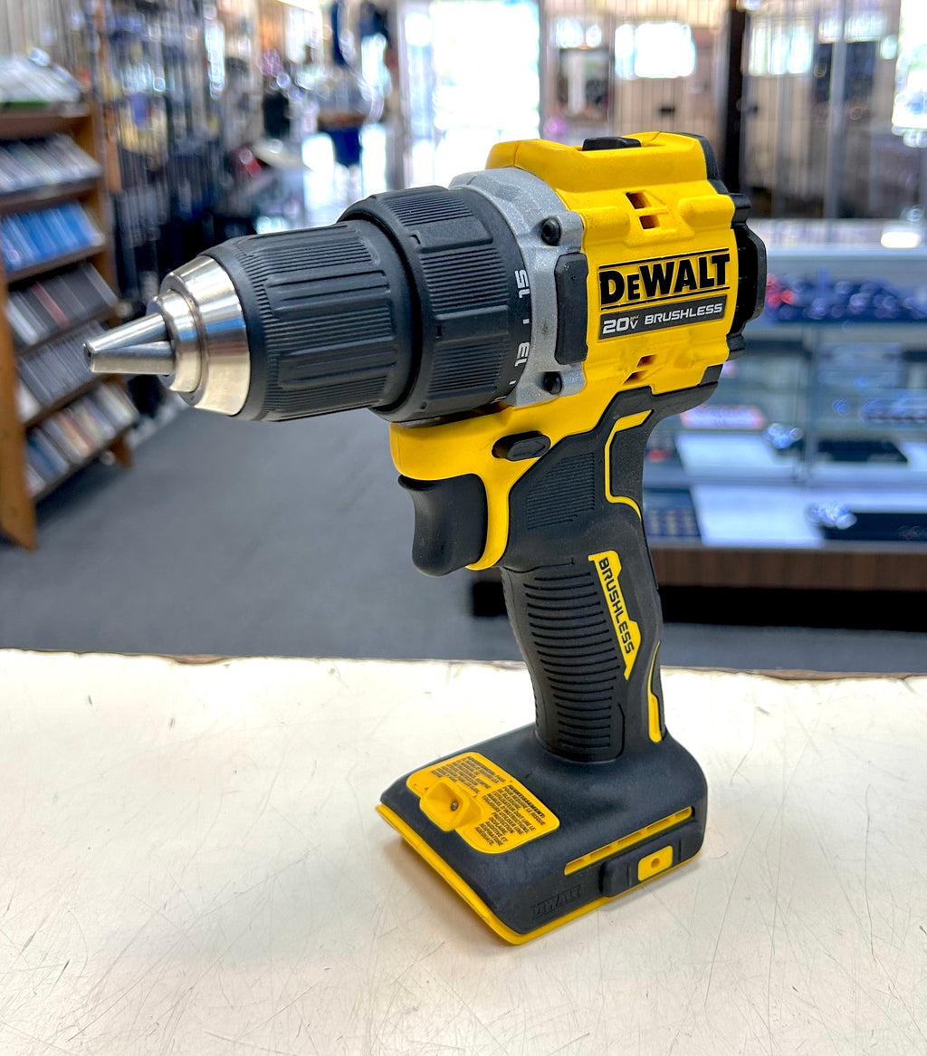DeWalt drill on a table with a store interior in the background