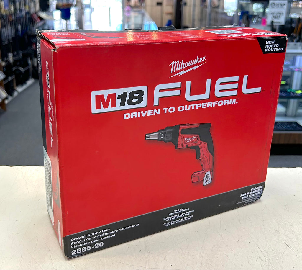 Red Milwaukee M18 FUEL tool box with drill graphic on a white surface.