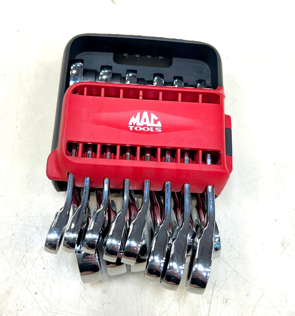 Set of Mac Tools wrenches in a red holder on a white background