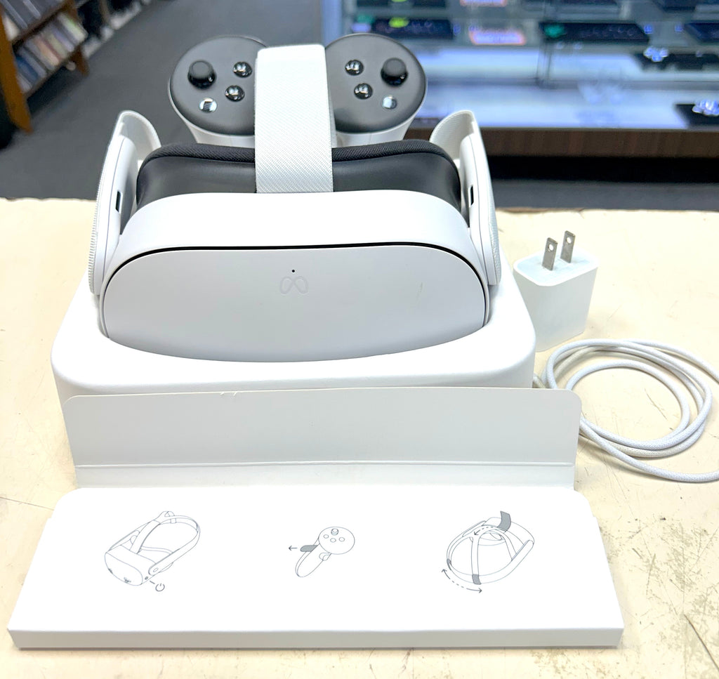 VR headset with controller and charging station on a table