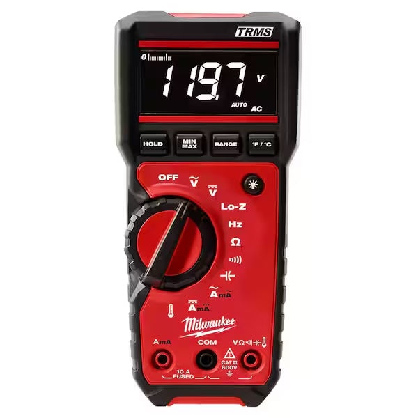 Red and black Milwaukee multimeter on a white background
