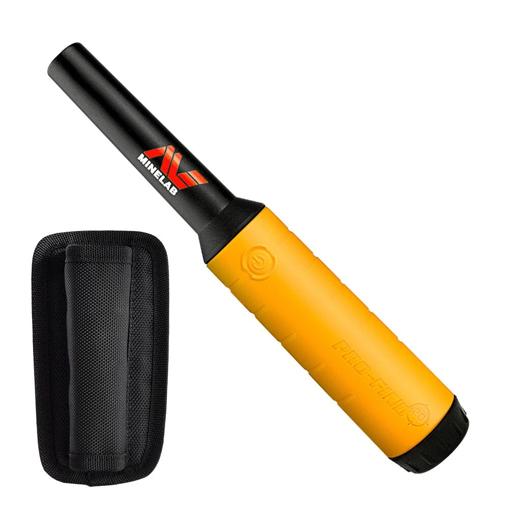 minelab pinpoint metal detector with black handle and carrying case on a white background