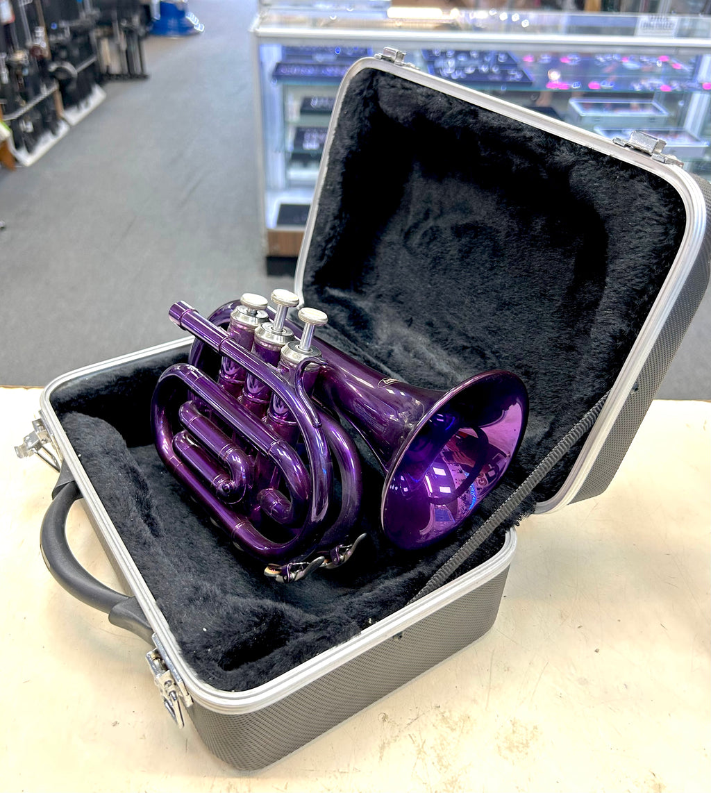 Purple pocket travel beginner trumpet in a black case on a counter