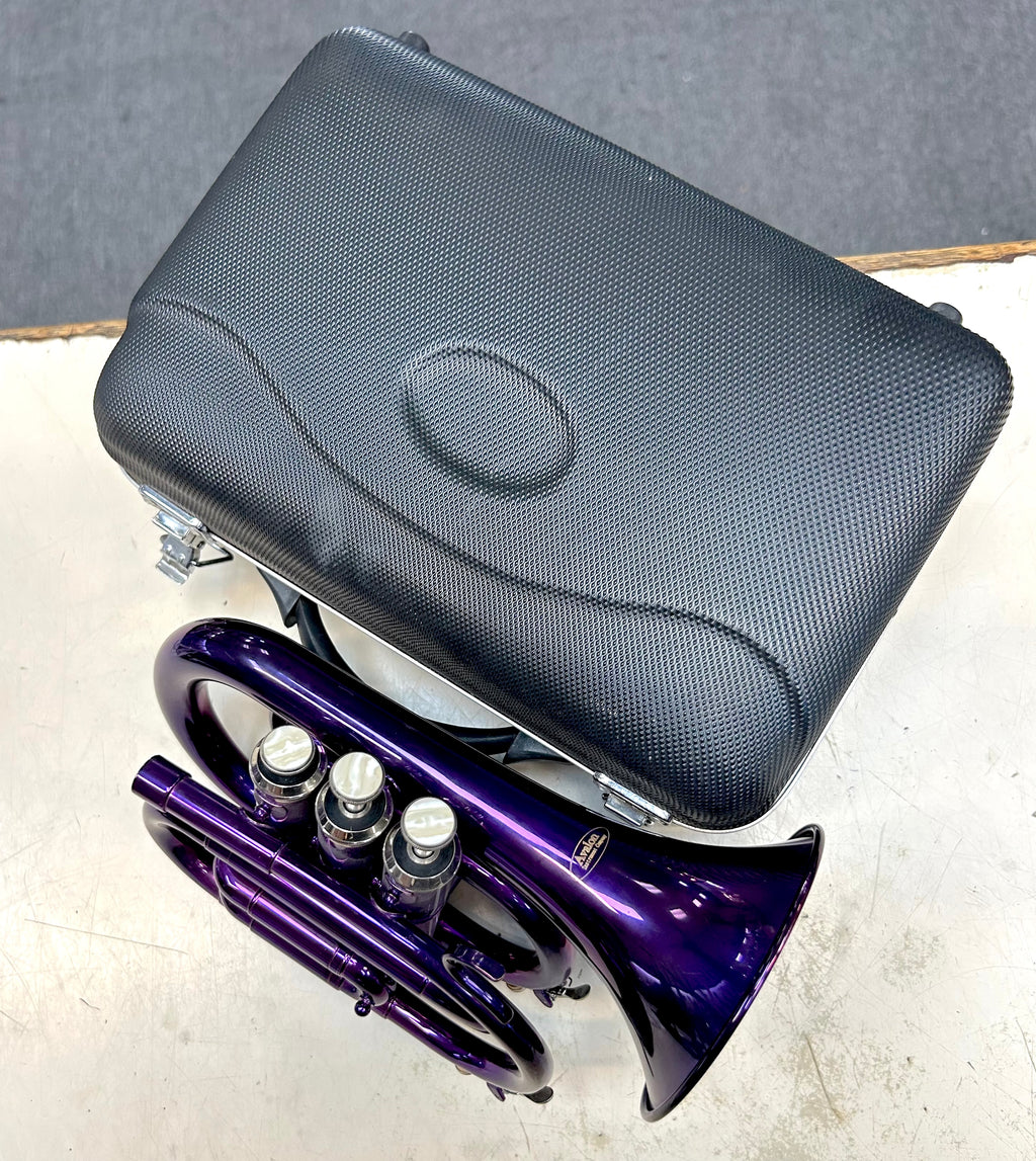 Purple beginner pocket trumpet with black case on a gray surface