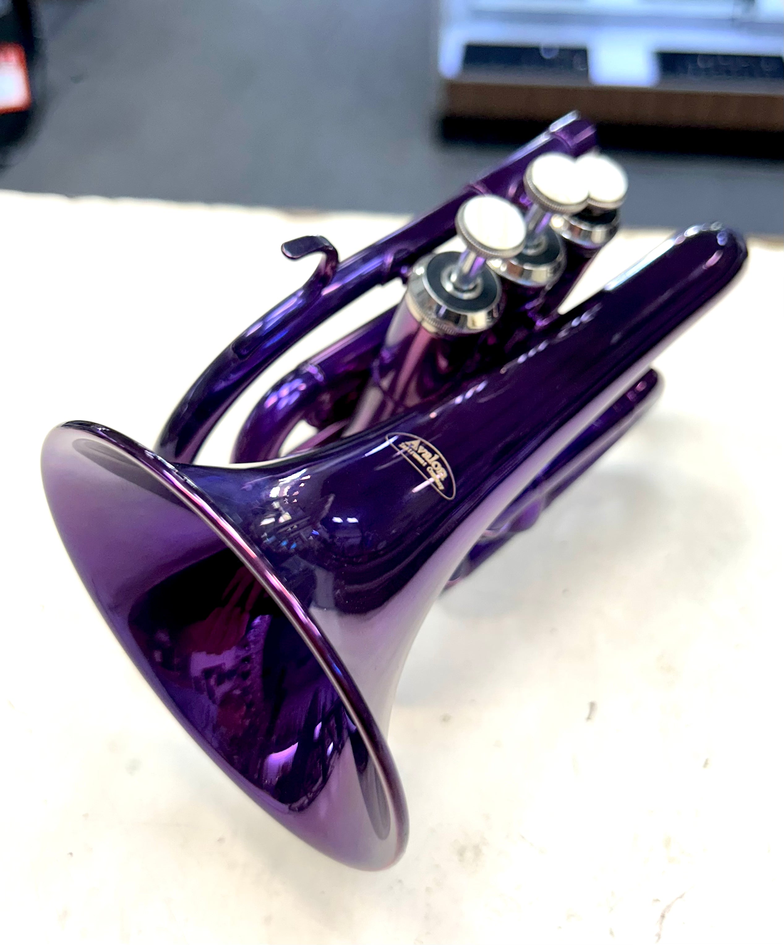 Purple trumpet on a light surface with a blurred background