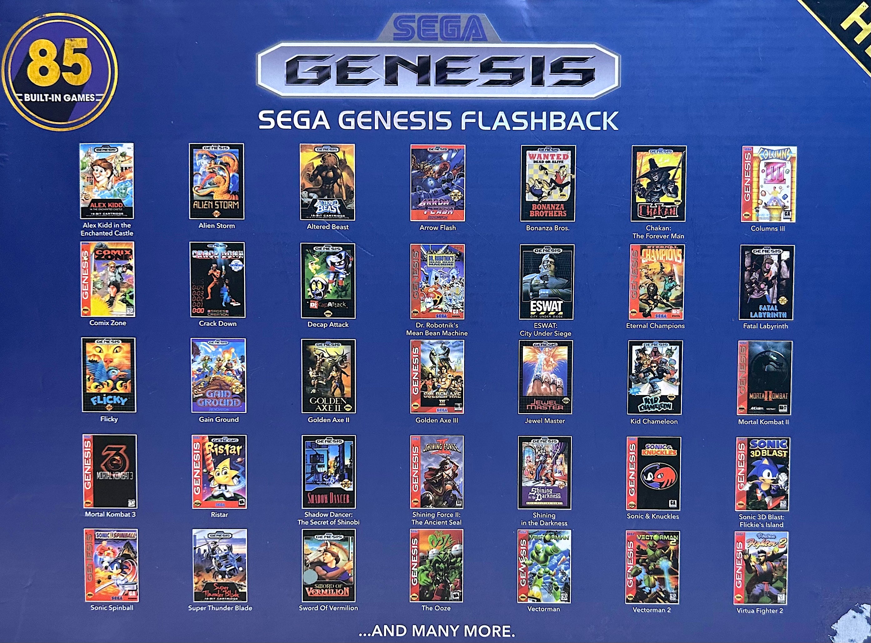 Sega Genesis Flashback console with list of built-in games on a blue background