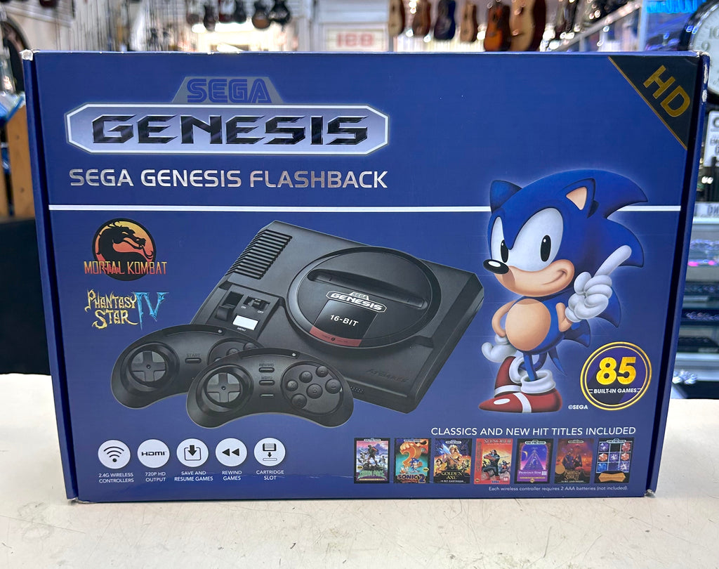 Sega Genesis Flashback console packaging with Sonic the Hedgehog on a blue background