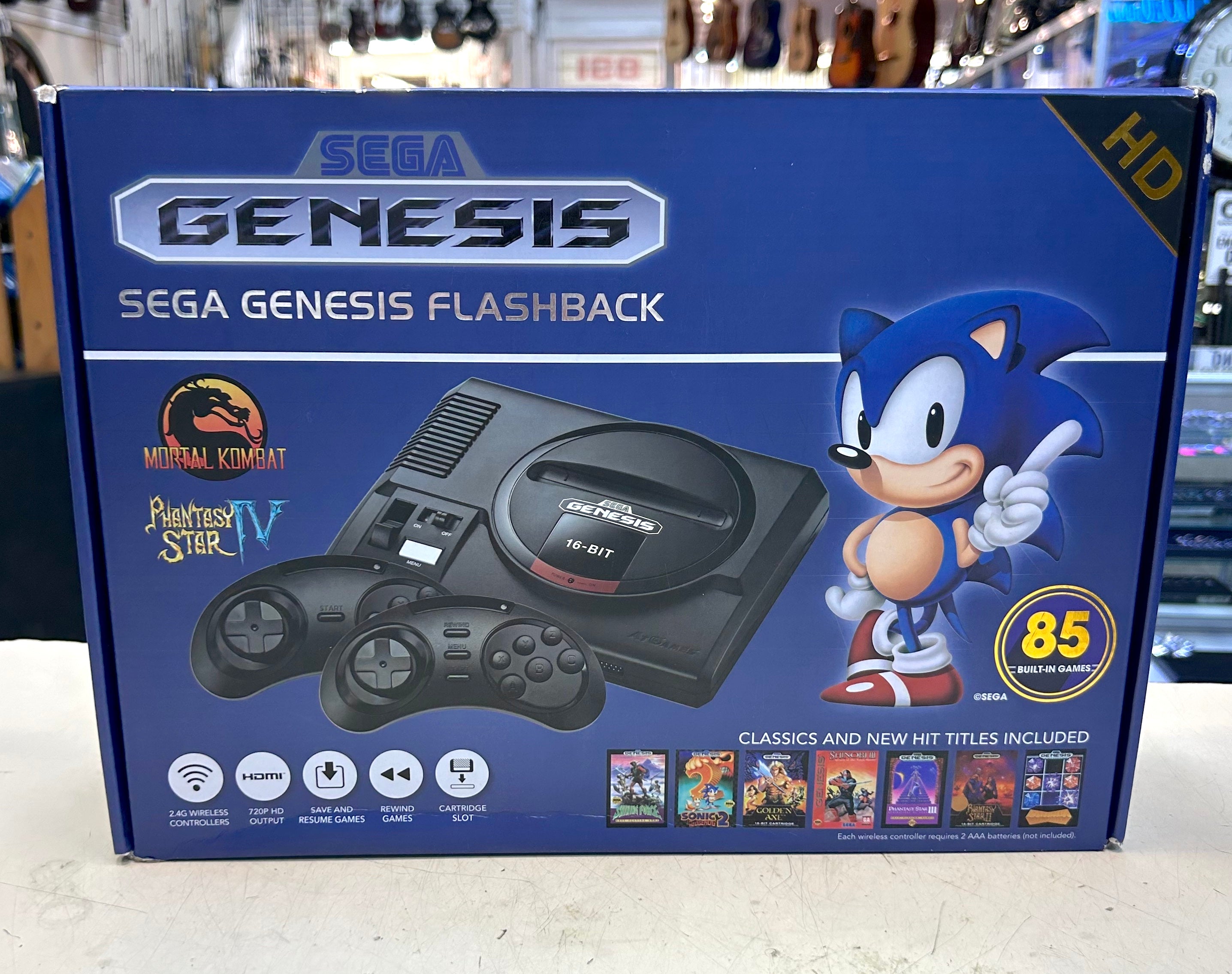 Sega Genesis Flashback console packaging with Sonic the Hedgehog on a blue background