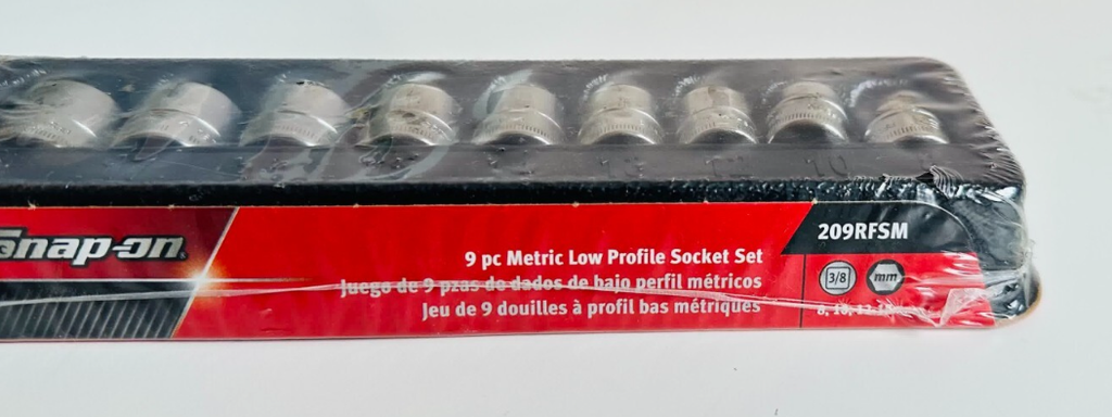 Snap-on 9-piece metric low profile socket set packaging on a white background