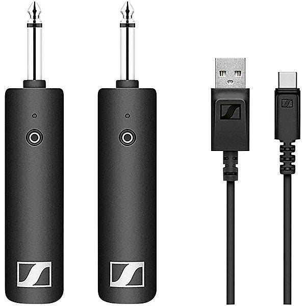 Two black audio devices with Sennheiser logo and two USB cables on a white background.