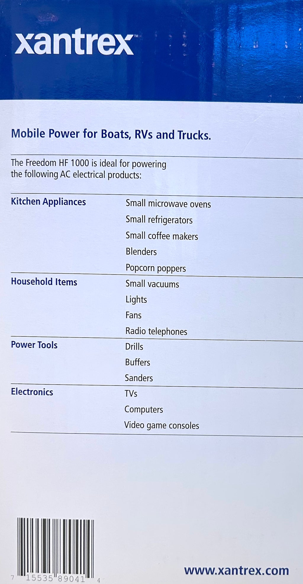 Xantrex product packaging for mobile power solutions with a list of compatible devices.