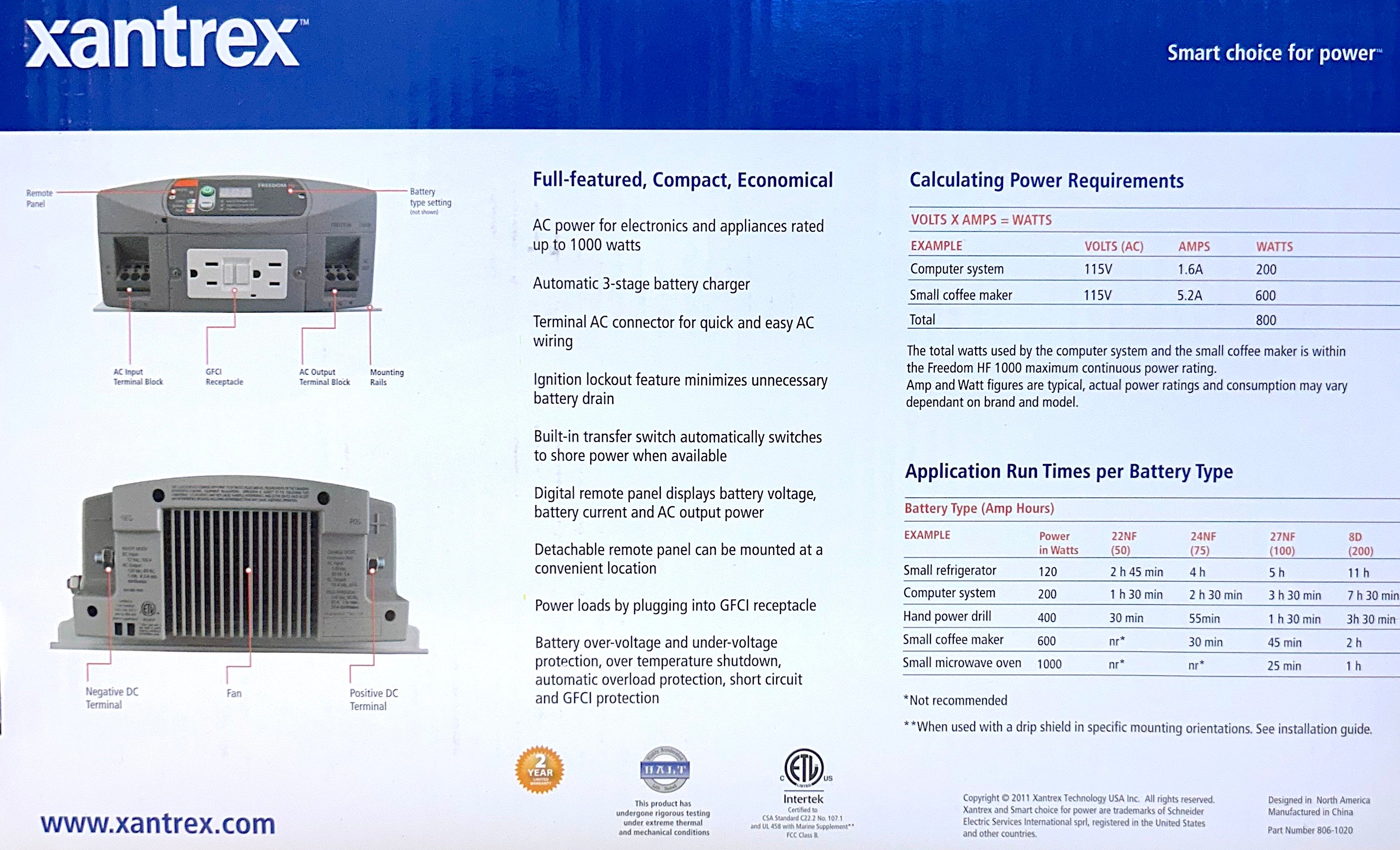 Xantrex power management system with specifications and features on a blue background