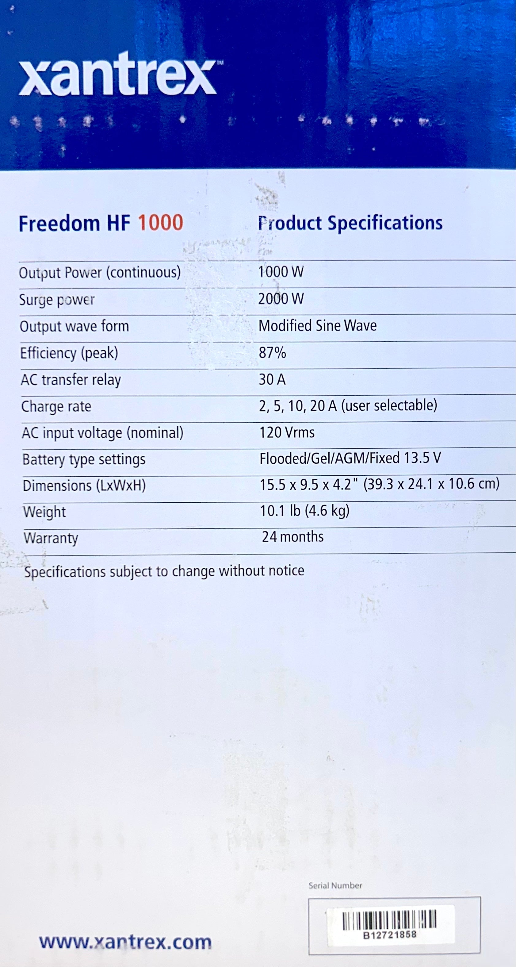 Xantrex Freedom HF 1000 product specifications label on a white background